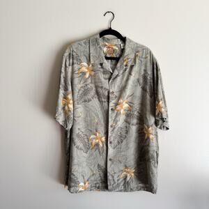 Caribbean Grey Orange Silk Short Sleeve Button Up Hawaiian Shirt Large